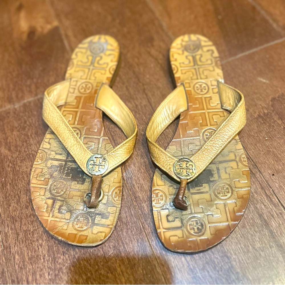 Tory Burch Gold Leather Flip Flop Sandals